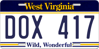 WV license plate DOX417