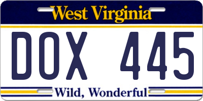 WV license plate DOX445