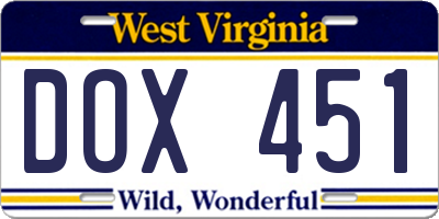 WV license plate DOX451