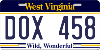 WV license plate DOX458