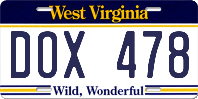WV license plate DOX478