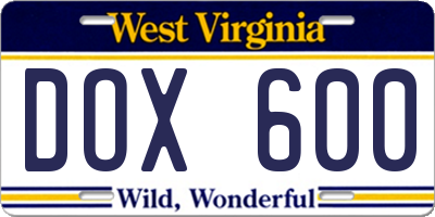 WV license plate DOX600
