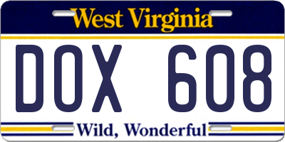 WV license plate DOX608