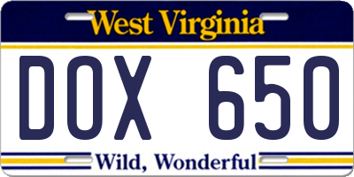 WV license plate DOX650