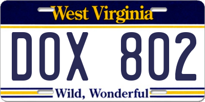WV license plate DOX802