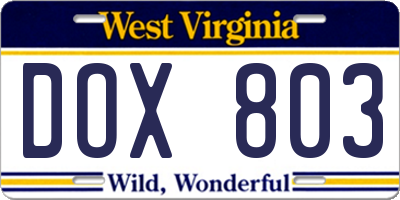 WV license plate DOX803