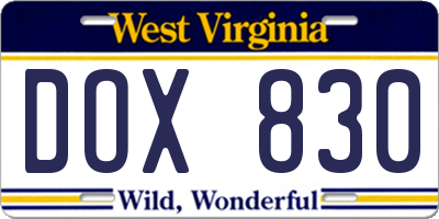 WV license plate DOX830