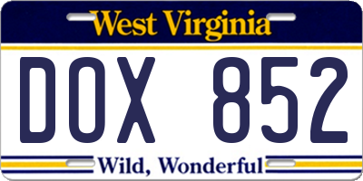 WV license plate DOX852