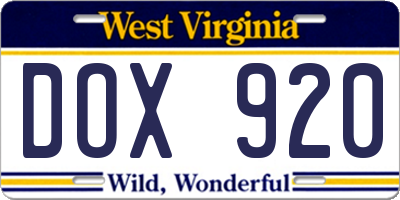 WV license plate DOX920