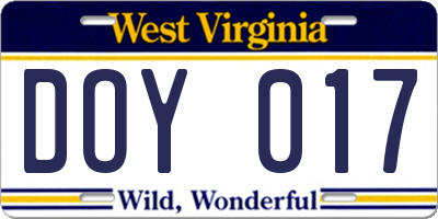 WV license plate DOY017