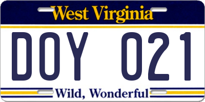 WV license plate DOY021