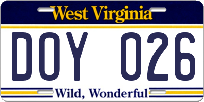 WV license plate DOY026