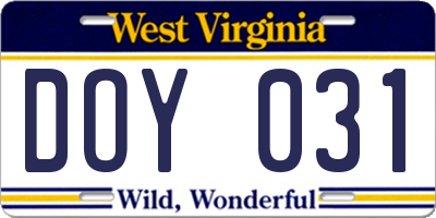 WV license plate DOY031