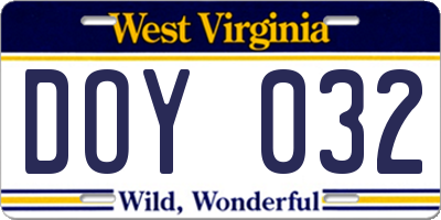 WV license plate DOY032