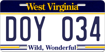 WV license plate DOY034