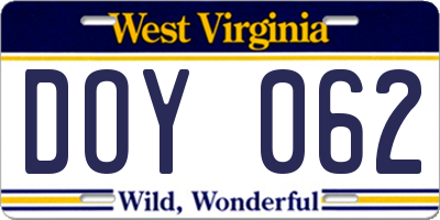 WV license plate DOY062