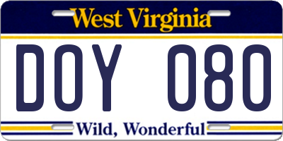 WV license plate DOY080