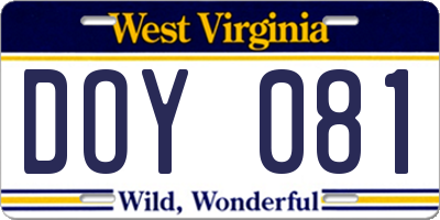 WV license plate DOY081