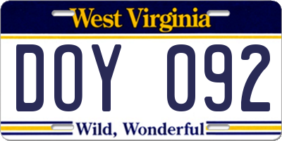 WV license plate DOY092