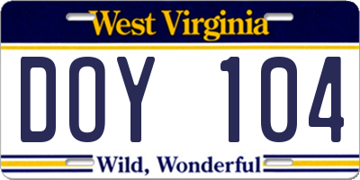 WV license plate DOY104