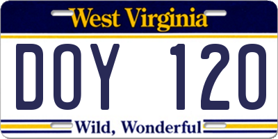 WV license plate DOY120