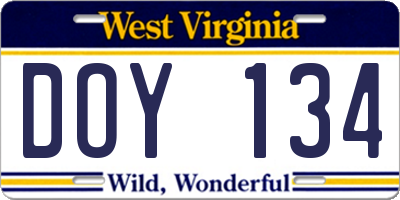 WV license plate DOY134