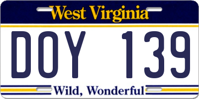 WV license plate DOY139
