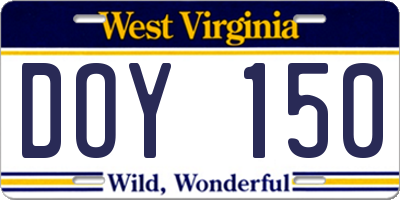 WV license plate DOY150