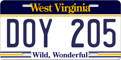 WV license plate DOY205