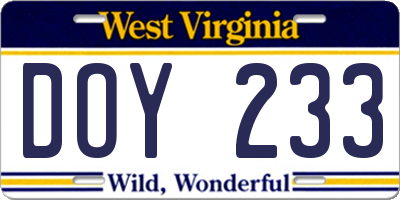 WV license plate DOY233