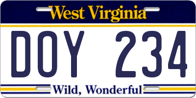 WV license plate DOY234