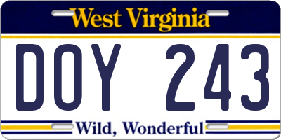 WV license plate DOY243