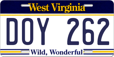 WV license plate DOY262