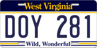 WV license plate DOY281