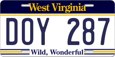 WV license plate DOY287