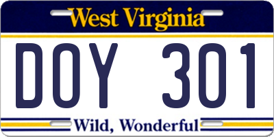 WV license plate DOY301
