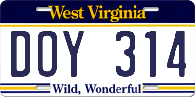 WV license plate DOY314