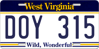 WV license plate DOY315