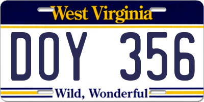 WV license plate DOY356