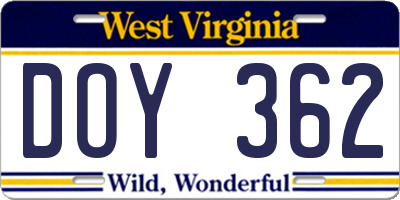 WV license plate DOY362