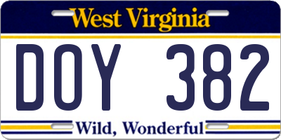 WV license plate DOY382