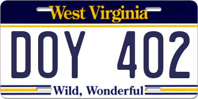 WV license plate DOY402