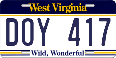 WV license plate DOY417