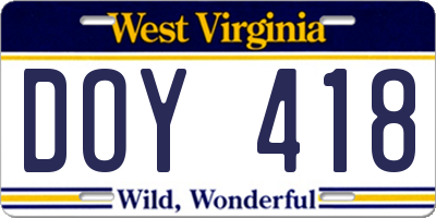 WV license plate DOY418