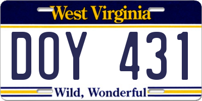 WV license plate DOY431