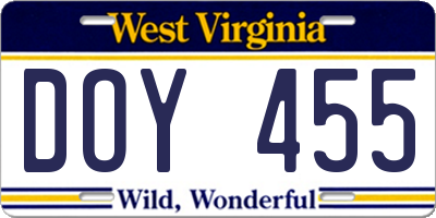 WV license plate DOY455