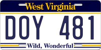 WV license plate DOY481