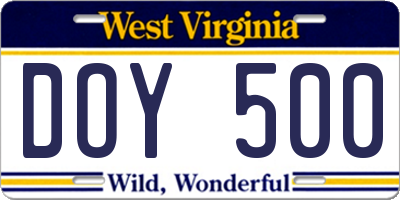 WV license plate DOY500