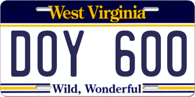 WV license plate DOY600