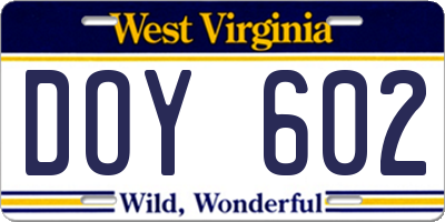 WV license plate DOY602